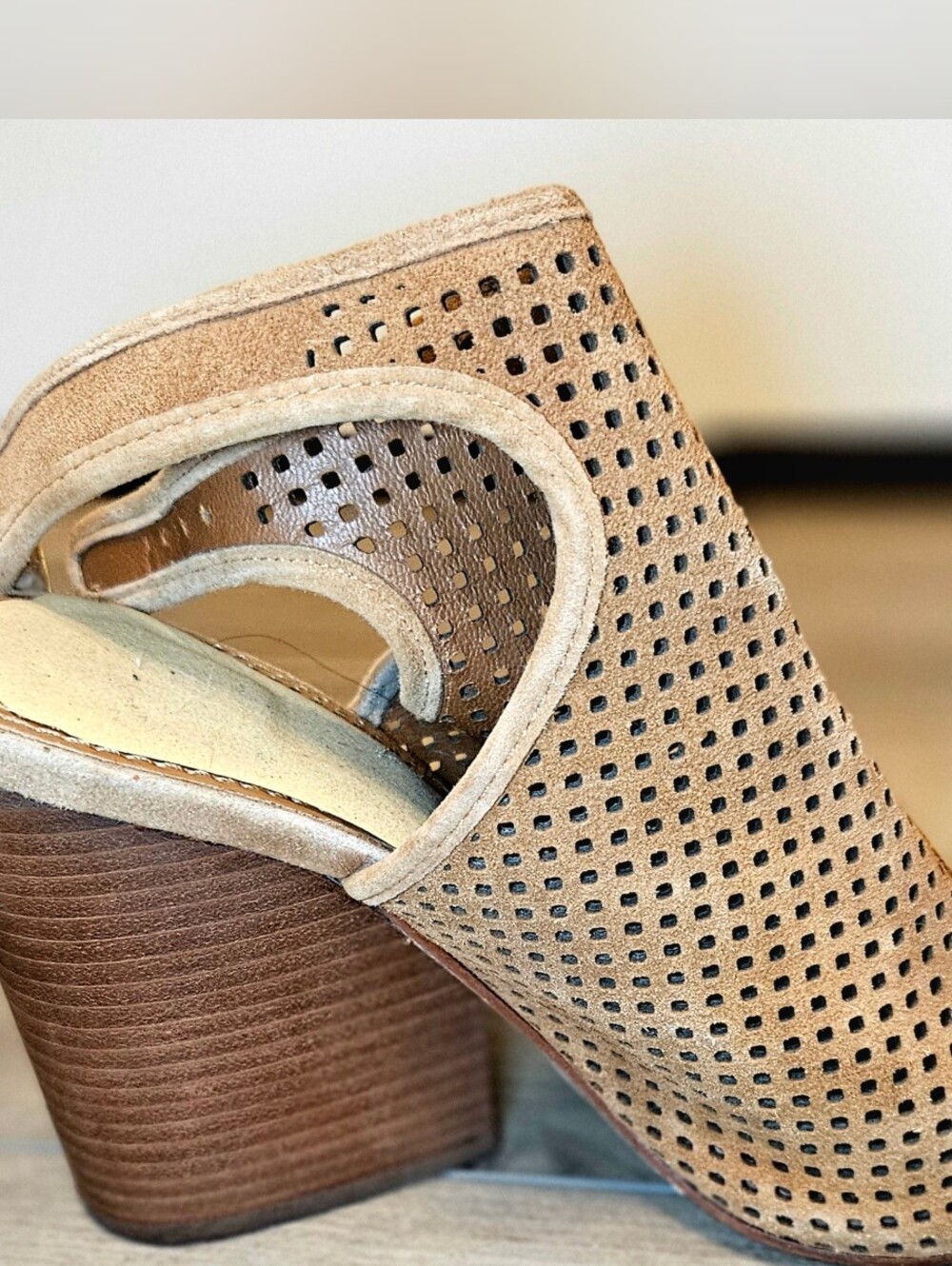 Tory Burch Perforated Suede Block Heel Mule in Beige